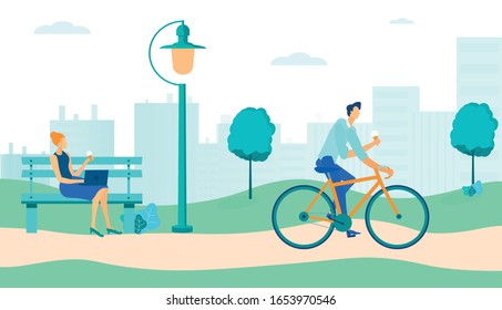 Eating Ice Cream in Park Flat Vector Illustration. Elegant Lady, Businesswoman Enjoying Sweet Dessert on Bench Cartoon Character. Male Bicycle Rider Holding Gelato Waffle Cone, Riding Outdoors