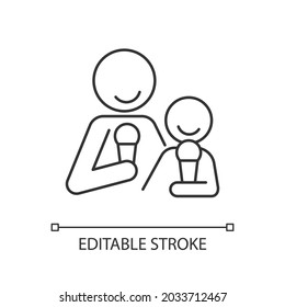 Eating ice cream together linear icon. Increase family bonding over food. Enjoy frozen dessert. Thin line customizable illustration. Contour symbol. Vector isolated outline drawing. Editable stroke