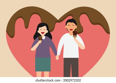 Concepto vectorial de helado de consumo: Joven pareja disfrutando del tiempo libre comiendo helados juntos 