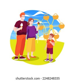 Eating ice-cream isolated cartoon vector illustration. Family leisure time, children and parents eating ice-cream in the park, sitting at the bench, summer outdoor activity vector cartoon.