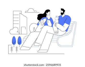 Eating ice-cream isolated cartoon vector illustrations. Smiling couple with dog eating ice-cream together, walking with a puppy in the city park, family weekend, urban lifestyle vector cartoon.