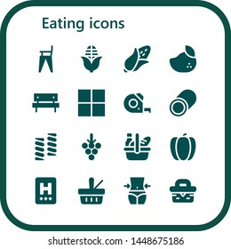 eating icon set. 16 filled eating icons.  Simple modern icons about  - Feeding chair, Corn, Mango, Picnic, Delicious, Measuring tape, Marshmallow, Grapes, Pepper, Hotel, Fitness