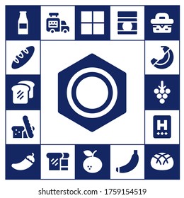 eating icon set. 17 filled eating icons. Included Ketchup bottle, Bread, Nut, Banana, Grapes, Hotel, Pepper, Ice cream van, Delicious, Tangerine, Baby food, Picnic icons