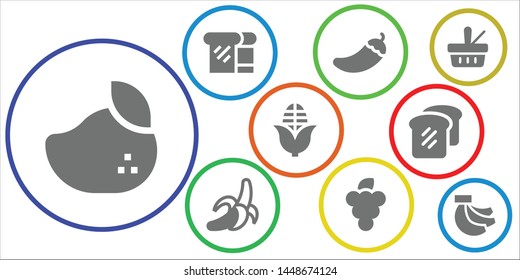eating icon set. 9 filled eating icons.  Collection Of - Mango, Bread, Pepper, Banana, Grapes, Corn, Picnic, Bananas