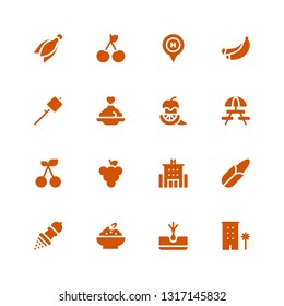 eating icon set. Collection of 16 filled eating icons included Hotel, Tuber, Porridge, Pepper, Corn, Grape, Cherry, Picnic, Marshmallow, Banana