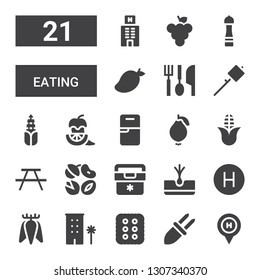 eating icon set. Collection of 21 filled eating icons included Hotel, Corn, Cracker, Tuber, Fridge, Nuts, Picnic, Guava, Pepper, Marshmallow, Eating utensils, Mango, Grape