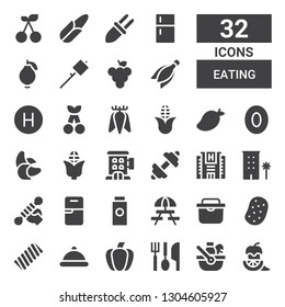 eating icon set. Collection of 32 filled eating icons included Pepper, Picnic, Eating utensils, Paprika, Serving dish, Marshmallow, Potato, Fridge, Baby powder, Fitness, Hotel