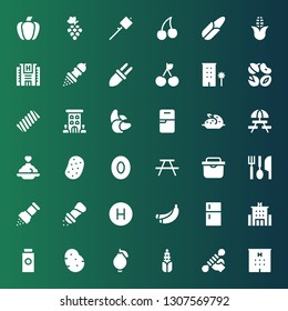 eating icon set. Collection of 36 filled eating icons included Hotel, Fitness, Corn, Guava, Potato, Baby powder, Fridge, Banana, Pepper, Eating utensils, Picnic, Toffee, Porridge