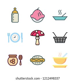 eating icon set. vector set about shopping basket, feeding bottle, restaurant and muffin icons set.