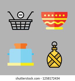 eating icon set. vector set about shopping basket, toaster, canteen and bowl icons set.