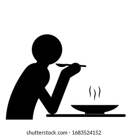 Eating icon. Vector illustration of black silhouette man eating with a spoon isolated on white. Eating pictogram