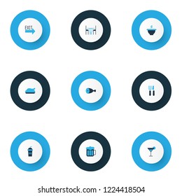 Eating icons colored set with cocktail, fork with knife, beer and other grill elements. Isolated vector illustration eating icons.