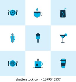 Iconos de comer coloridos con limonada, wc, té y otros elementos martini. Iconos aislados de ilustración vectorial comiendo.