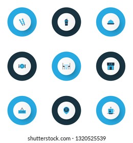 Eating icons colored set with meal, kebab, soft drink and other restaurant pin elements. Isolated vector illustration eating icons.