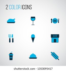 Eating icons colored set with meal, plant, cafeteria and other grill elements. Isolated vector illustration eating icons.