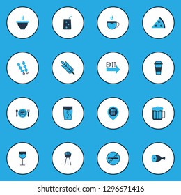Eating icons colored set with new meal, soup, kebab and other wheat elements. Isolated vector illustration eating icons.
