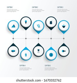 Eating icons colored set with pizza, bbq, wc and other barbecue elements. Isolated vector illustration eating icons.