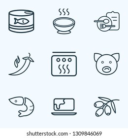 Eating icons line style set with menu, tuna can, pepper and other pork elements. Isolated vector illustration eating icons.