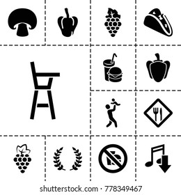 Eating icons. set of 13 editable filled eating icons such as grape, pepper, eating mouth, taco, burger and drink, restaurant, no fast food, olive branch, mushroom
