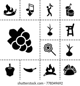 Eating icons. set of 13 editable filled eating icons such as onion, chili, baby chair, grape, taco, pepper, burger and drink, lollipop, eating mouth