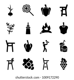 Eating icons. set of 16 editable filled eating icons such as chili, pepper, baby chair, grape, father with baby, ketchup, burger and drink, lollipop, onion, grape