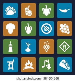 eating icons set. Set of 16 eating filled icons such as mushroom, onion, grape, chili, pepper, baby chair, Grape, taco, ketchup, burger and drink, restaurant, no fast food