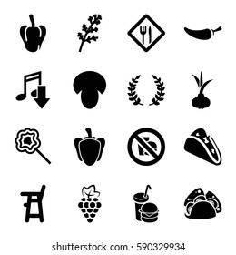 eating icons set. Set of 16 eating filled icons such as mushroom, onion, grape, deel, pepper, baby chair, taco, burger and drink, lollipop, restaurant, no fast food