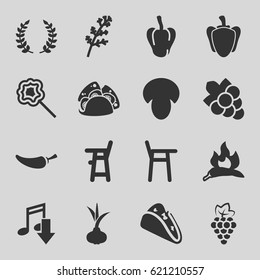 Eating icons set. set of 16 eating filled icons such as mushroom, onion, grape, deel, chili, pepper, baby chair, Grape, taco, lollipop, olive branch