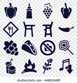 Eating icons set. set of 16 eating filled icons such as grape, deel, chili, pepper, baby chair, grape, taco, ketchup, burger and drink, lollipop, restaurant, no fast food