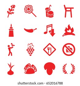 Eating icons set. set of 16 eating filled icons such as mushroom, onion, grape, deel, chili, ketchup, taco, pepper, burger and drink, lollipop, restaurant, no fast food