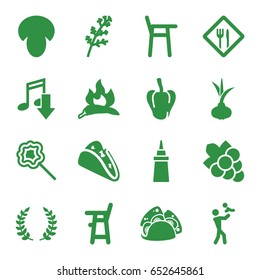 Eating icons set. set of 16 eating filled icons such as mushroom, onion, deel, chili, pepper, baby chair, grape, taco, ketchup, lollipop, restaurant, olive branch