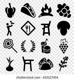 Eating icons set. set of 16 eating filled icons such as mushroom, onion, grape, deel, chili, pepper, baby chair, grape, taco, burger and drink, lollipop, restaurant
