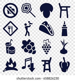 Eating icons set. set of 16 eating filled icons such as mushroom, onion, grape, chili, pepper, baby chair, grape, taco, ketchup, burger and drink, lollipop, restaurant