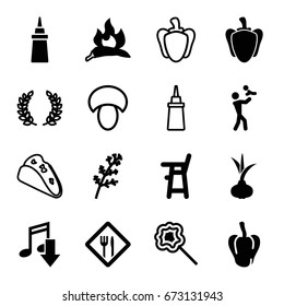 Eating icons set. set of 16 eating filled and outline icons such as onion, deel, chili, pepper, baby chair, ketchup, lollipop, restaurant, mushroom, taco, olive branch