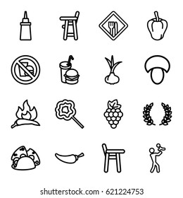 Eating icons set. set of 16 eating outline icons such as mushroom, onion, grape, chili, pepper, baby chair, ketchup, taco, burger and drink, lollipop, restaurant, no fast food