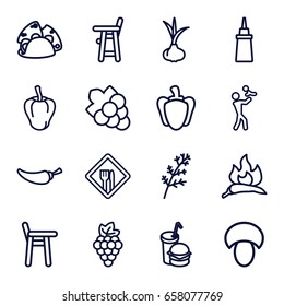 Eating icons set. set of 16 eating outline icons such as mushroom, onion, grape, deel, chili, pepper, baby chair, grape, ketchup, taco, burger and drink, restaurant