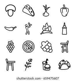 Eating icons set. set of 16 eating outline icons such as mushroom, onion, grape, deel, chili, pepper, baby chair, grape, taco, ketchup, burger and drink, no fast food