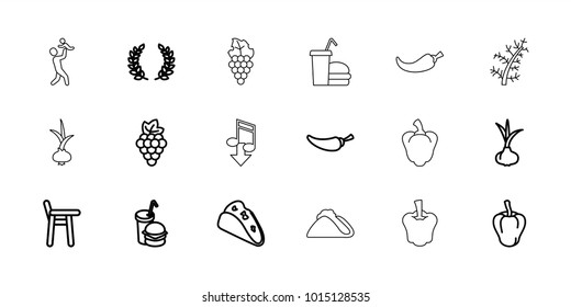 Eating icons. set of 18 editable outline eating icons: onion, grape, pepper, baby chair, taco, burger and drink, olive branch, deel, eating mouth