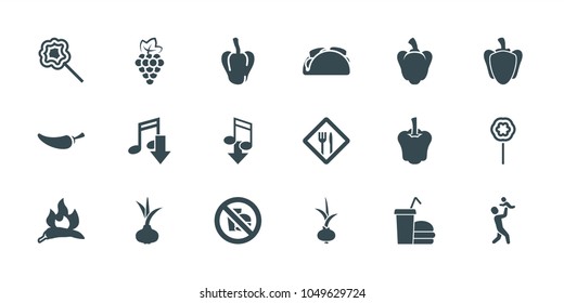 Eating icons. set of 18 editable filled eating icons: onion, grape, chili, pepper, eating mouth, lollipop, restaurant, no fast food, father with baby, taco