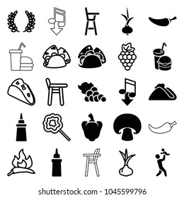Eating icons. set of 25 editable filled and outline eating icons such as ketchup, taco, pepper, burger and drink, onion, grape, chili, baby chair, lollipop, olive branch