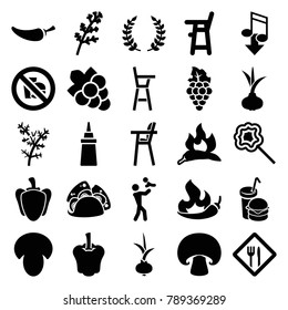 Eating icons. set of 25 editable filled eating icons such as mushroom, onion, deel, chili, baby chair, grape, father with baby, ketchup, taco, pepper, burger and drink