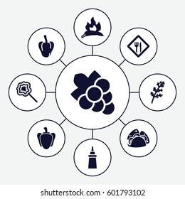 eating icons set. Set of 9 eating filled icons such as deel, chili, pepper, Grape, ketchup, taco, lollipop