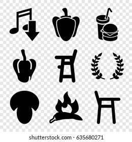 Eating icons set. set of 9 eating filled icons such as mushroom, chili, pepper, baby chair, burger and drink, olive branch