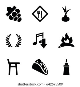 Eating icons set. set of 9 eating filled icons such as onion, chili, grape, taco, ketchup, restaurant, olive branch, eating mouth