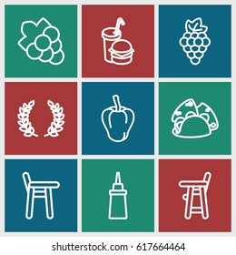 Eating icons set. set of 9 eating outline icons such as grape, pepper, baby chair, Grape, ketchup, taco, burger and drink