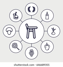 Eating icons set. set of 9 eating outline icons such as mushroom, onion, grape, pepper, ketchup, burger and drink, lollipop, olive branch