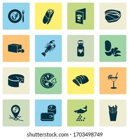 Eating icons set with canned food, butter, milk can and other pizzeria elements. Isolated vector illustration eating icons.