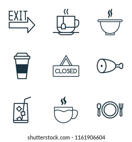 Eating icons set with coffee cup, soup, lemonade and other mocha elements. Isolated vector illustration eating icons.