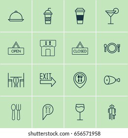 Eating Icons Set. Collection Of Check In, Mocha, Cutlery And Other Elements. Also Includes Symbols Such As Wine, Map, Mocha.