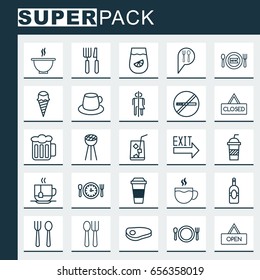 Eating Icons Set. Collection Of Closed Placard, Steak, Mocha And Other Elements. Also Includes Symbols Such As Bar, Soup, Toilet.